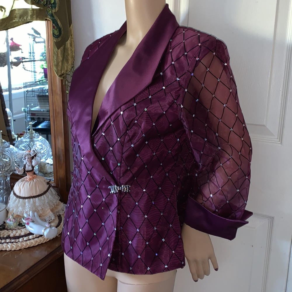 Vintage 80s sparkling sheer organza purple satin wrap blazer jacket M L - Picture 8 of 16